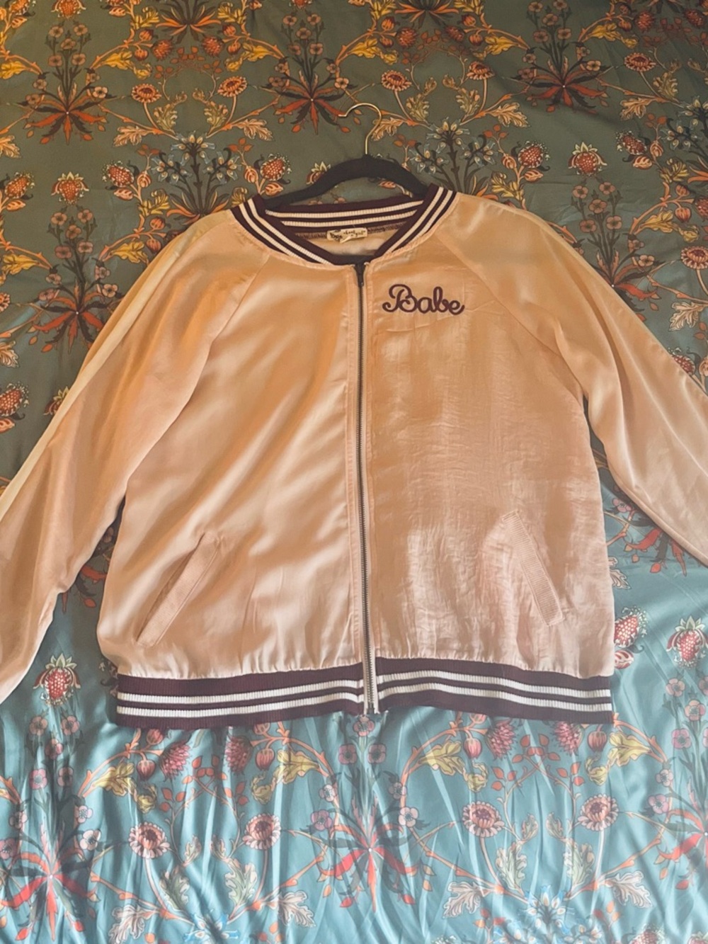 About A Girl Pale Pink Satin Bomber Jacket with Black Trim